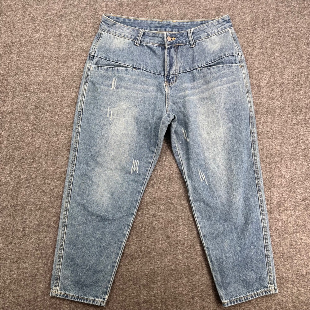 Shein Light Wash High Rise Distressed Tapered Mom Jeans Blue Cropped 29 Waist